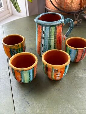Handmade Glazed Ceramic Pitcher and Cup Set - Multicolor
